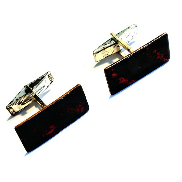 Enamel & copper cufflinks vintage mid century artisan unique rectangles dark red - Picture 2 of 5